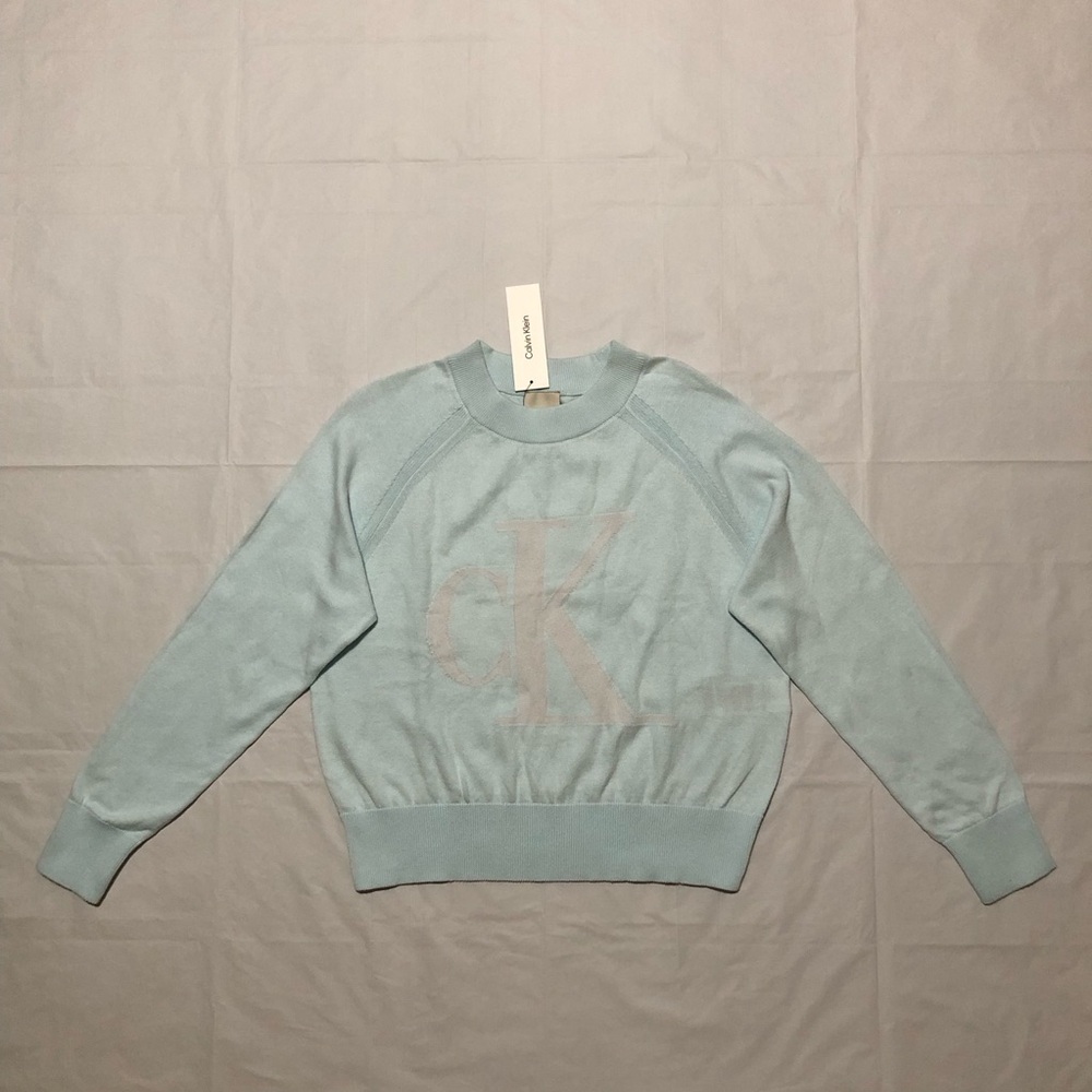 NWT Calvin Klein Womens Long Sleeve 100% Cotton Monogram Logo Serenity Sweater M